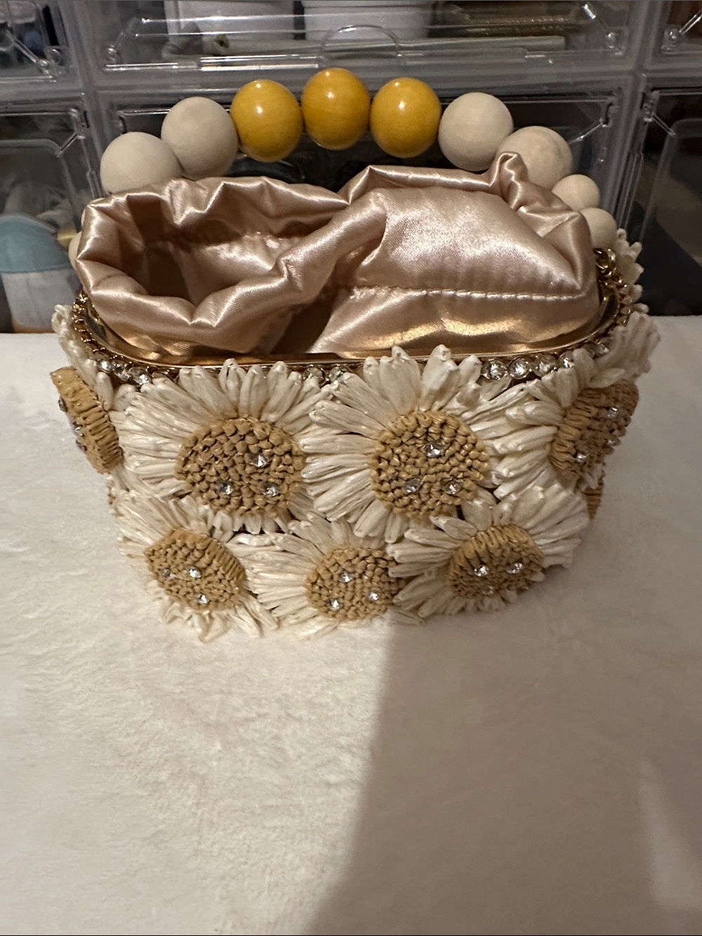 Mini Floral Beaded Drawstring Bag in Cream and Yellow - Picture 13 of 14